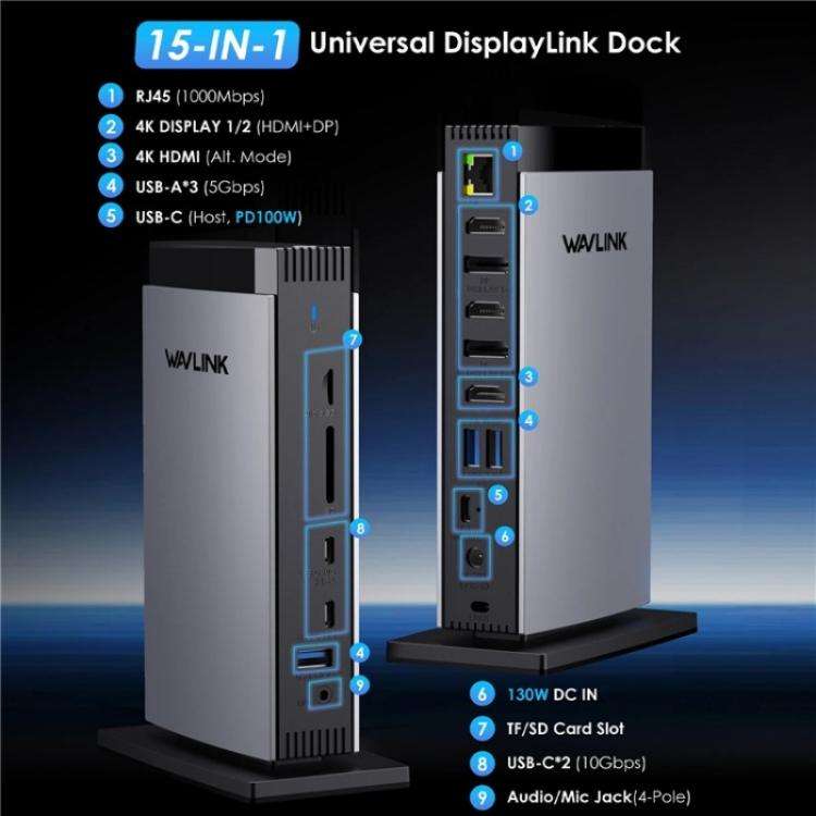WAVLINK WL-UG69PD13Pro DisplayLink Docking Station 15 in 1 USB-C Hub for MacBook Laptop(UK Plug)