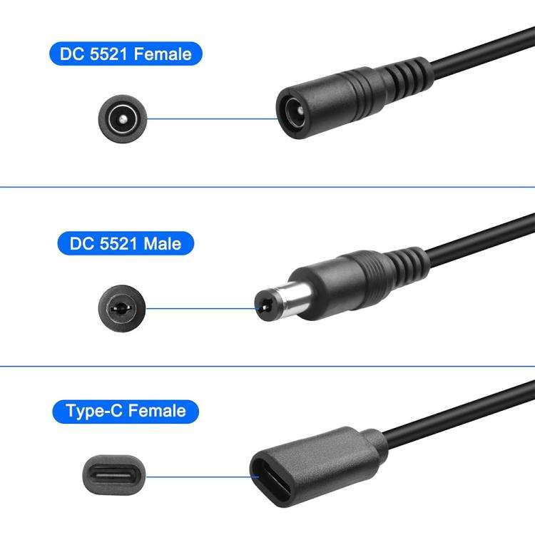 JUNSUNMAY 5V 3A DC 5.5mm x 2.1mm Female to Type-C Female Power Extension Charge Cord, Length:25cm
