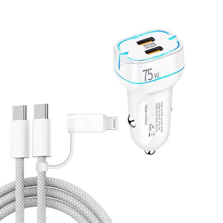 P65 75W Dual Port USB-C / Type-C Car Charger with Type-C to Type-C / 8 Pin Data Cable(White)