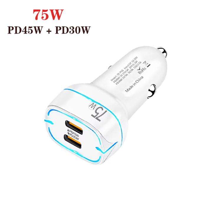 P65 75W Dual Port USB-C / Type-C Car Charger with Type-C to Type-C / 8 Pin Data Cable(White)