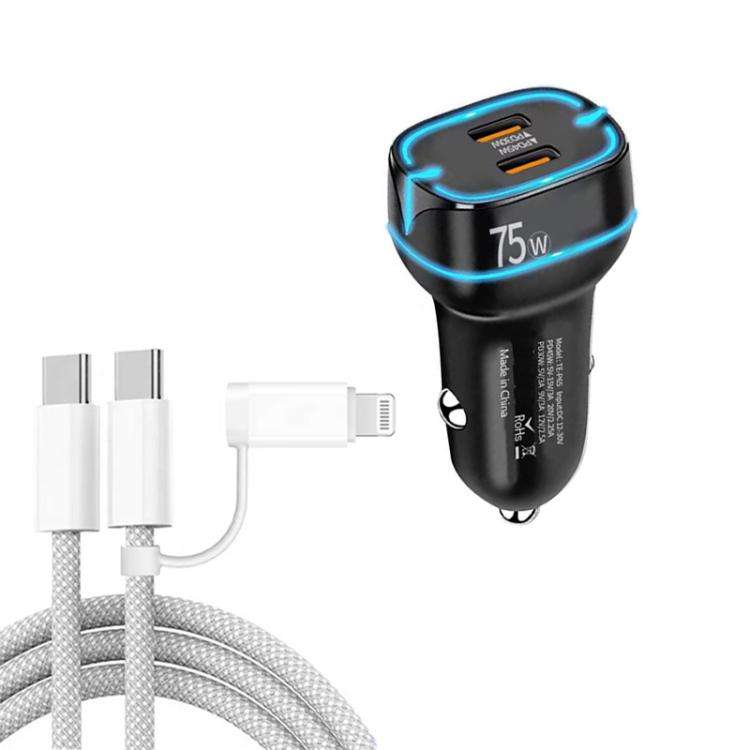 P65 75W Dual Port USB-C / Type-C Car Charger with Type-C to Type-C / 8 Pin Data Cable(Black)