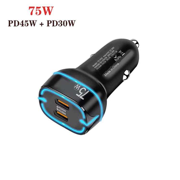 P65 75W Dual Port USB-C / Type-C Car Charger with Type-C to Type-C / 8 Pin Data Cable(Black)