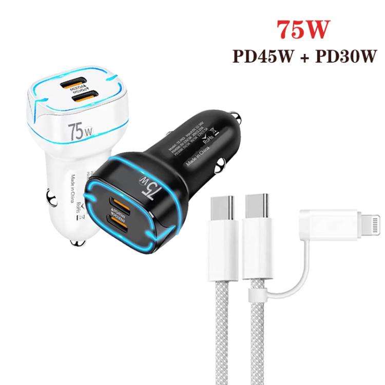 P65 75W Dual Port USB-C / Type-C Car Charger with Type-C to Type-C / 8 Pin Data Cable(White)