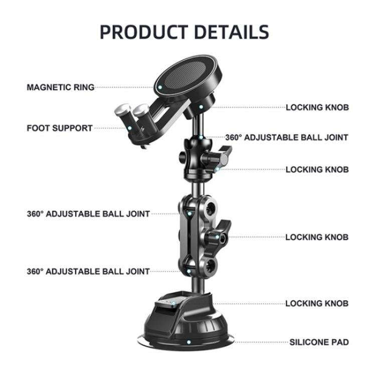 XWJ037 Suction Cup Base Long Arm Cellphone Bracket Short Type MagSafe Car Phone Holder