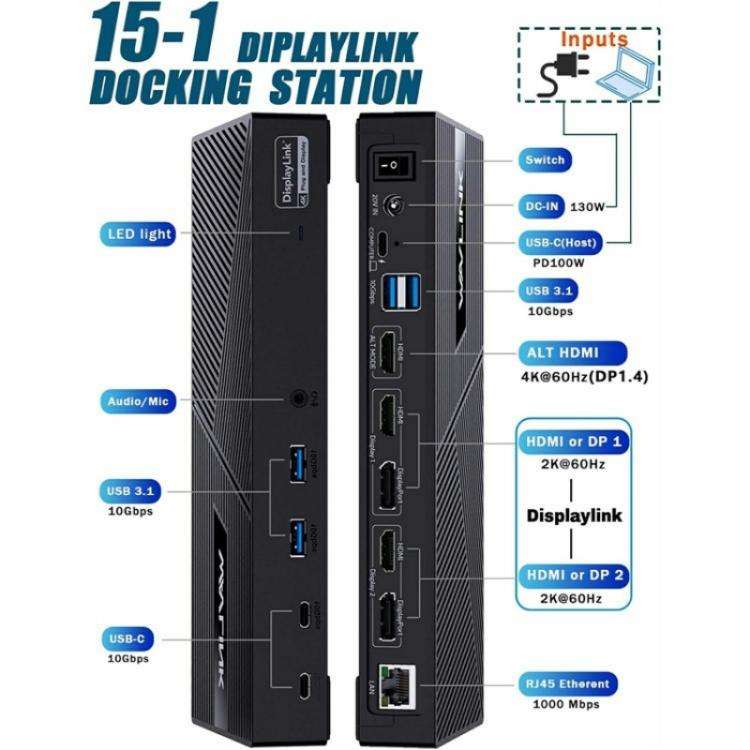WAVLINK UG63PD25 15 in 1 DisplayLink Docking Station Support Triple Display 130W Power-in(AU Plug)