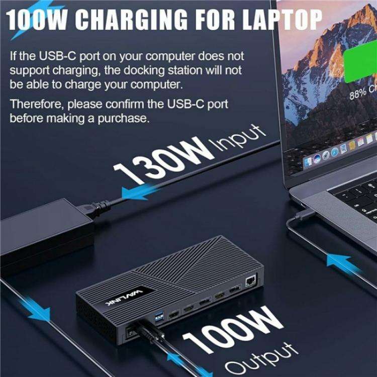 WAVLINK UG63PD25 15 in 1 DisplayLink Docking Station Support Triple Display 130W Power-in(EU Plug)