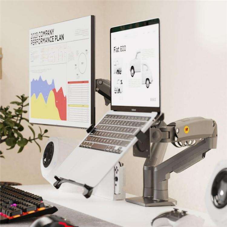 NORTH BAYOU F160-FP Tray Dual Arm Bracket Monitor Desk Mount Adjustable Laptop Holder(White)