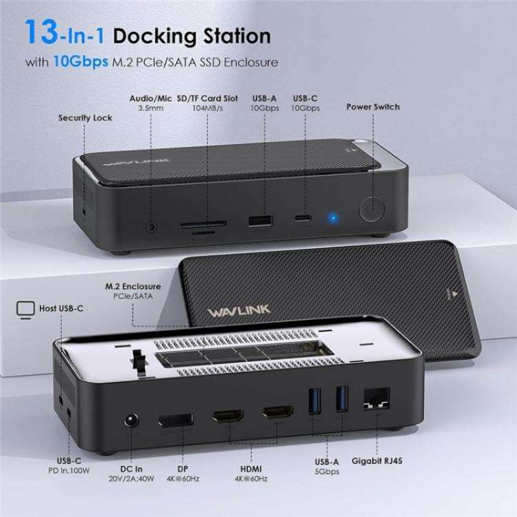 WAVLINK UMD23M For Laptop Tablet 13 in 1 USB-C Hub 10Gbps M.2 Pcie / SATA SSD Enclosure(US Plug)