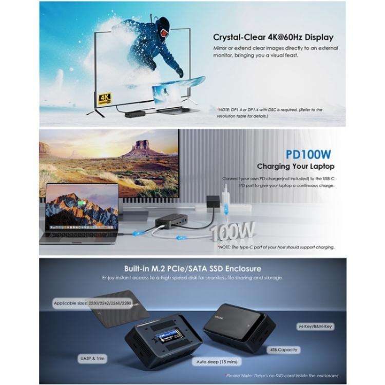 WAVLINK UMD23M For Laptop Tablet 13 in 1 USB-C Hub 10Gbps M.2 Pcie / SATA SSD Enclosure(UK Plug)