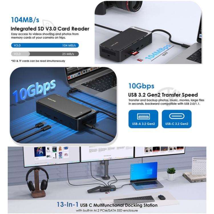 WAVLINK UMD23M For Laptop Tablet 13 in 1 USB-C Hub 10Gbps M.2 Pcie / SATA SSD Enclosure(US Plug)