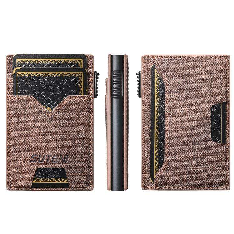The Suteni denim double-sided card slot button automatically ejects the card box(Brown)