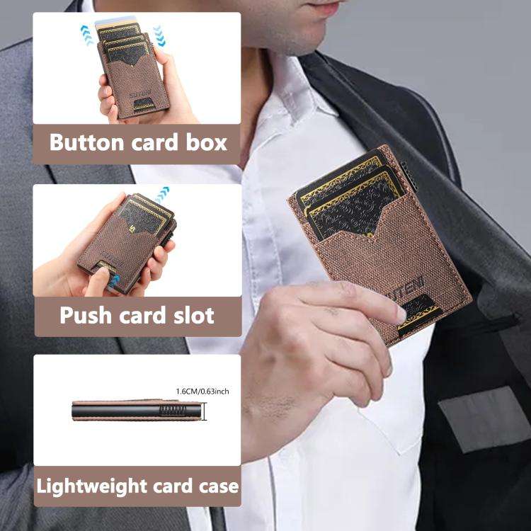 The Suteni denim double-sided card slot button automatically ejects the card box(Brown)
