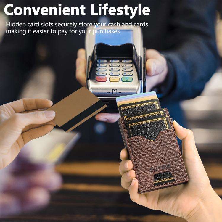 The Suteni denim double-sided card slot button automatically ejects the card box(Brown)