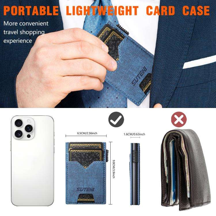 The Suteni denim double-sided card slot button automatically ejects the card box(Blue)