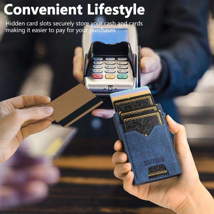 The Suteni denim double-sided card slot button automatically ejects the card box(Blue)