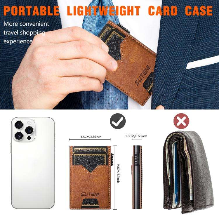 The Suteni denim double-sided card slot button automatically ejects the card box(Brown)