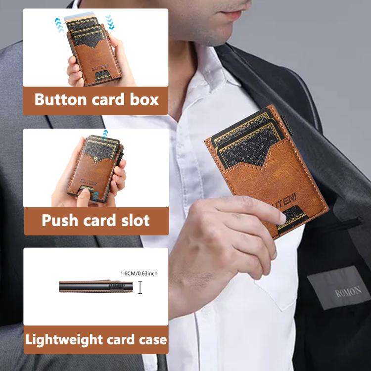 The Suteni denim double-sided card slot button automatically ejects the card box(Brown)