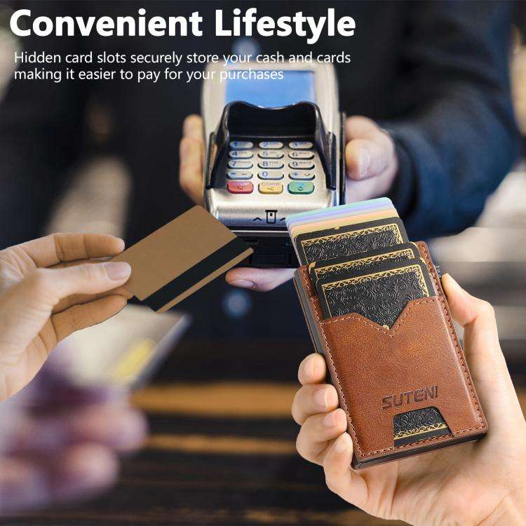 The Suteni denim double-sided card slot button automatically ejects the card box(Brown)