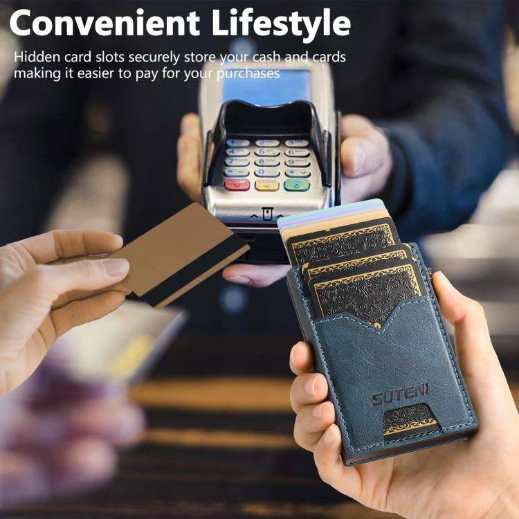 The Suteni denim double-sided card slot button automatically ejects the card box(Blue)