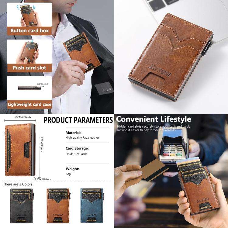 The Suteni denim double-sided card slot button automatically ejects the card box(Black)