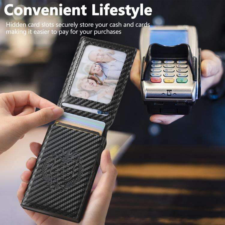 The Suteni carbon fiber pattern button automatically pops out the veneered printed card box(Black)