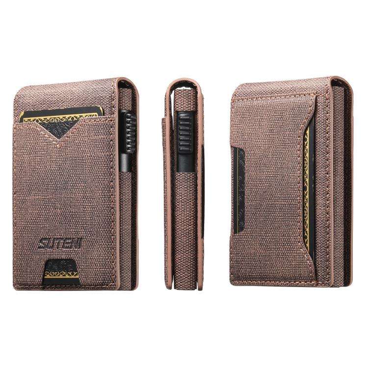 The Suteni denim pattern button automatically pops out the veneered printed card box(Brown)