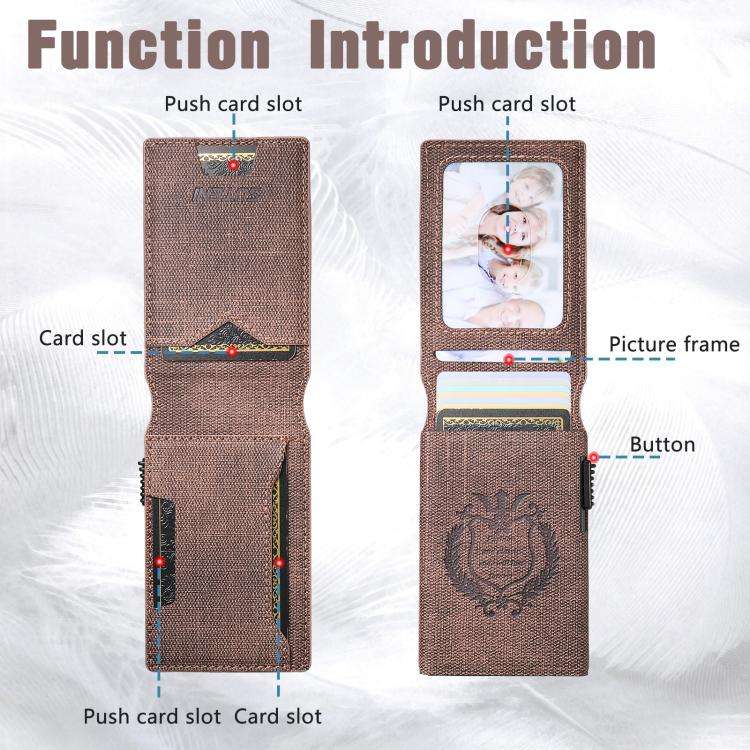The Suteni denim pattern button automatically pops out the veneered printed card box(Brown)
