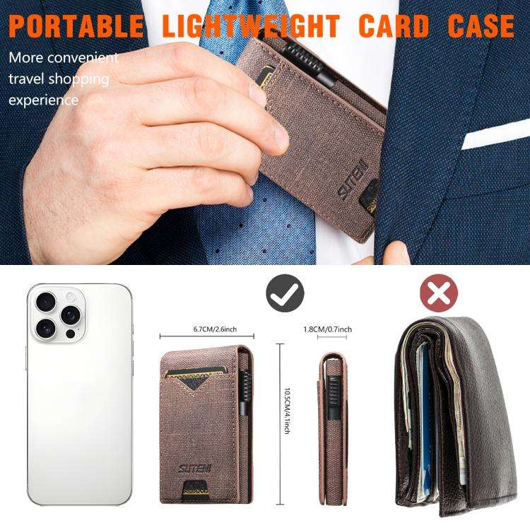The Suteni denim pattern button automatically pops out the veneered printed card box(Brown)