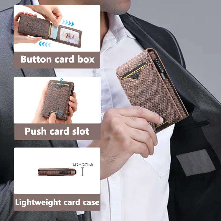 The Suteni denim pattern button automatically pops out the veneered printed card box(Brown)