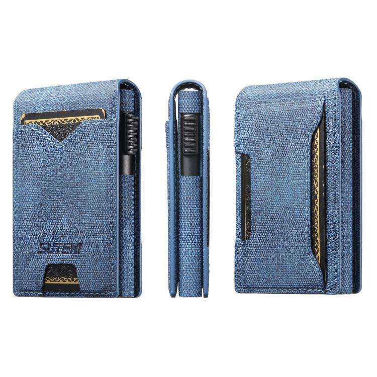 The Suteni denim pattern button automatically pops out the veneered printed card box(Blue)