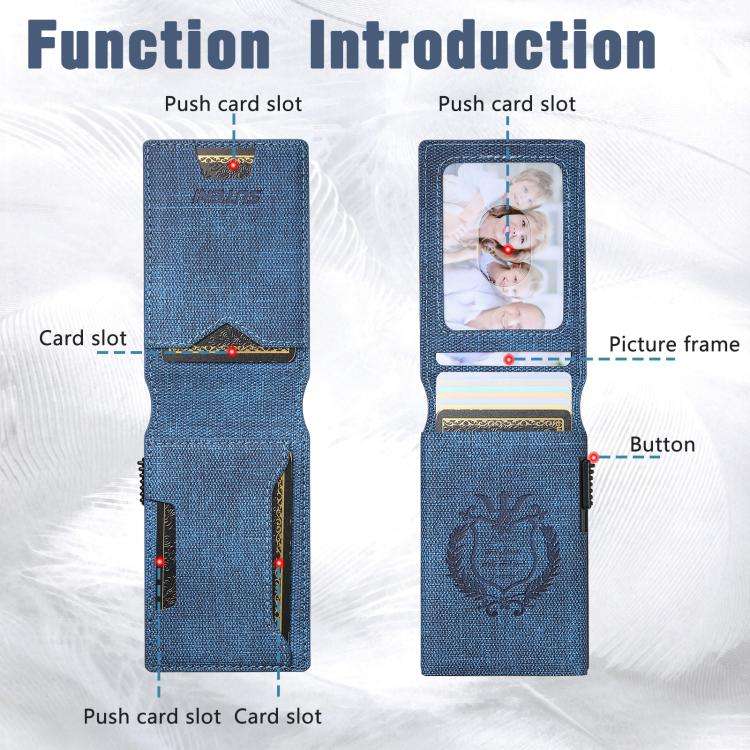 The Suteni denim pattern button automatically pops out the veneered printed card box(Blue)