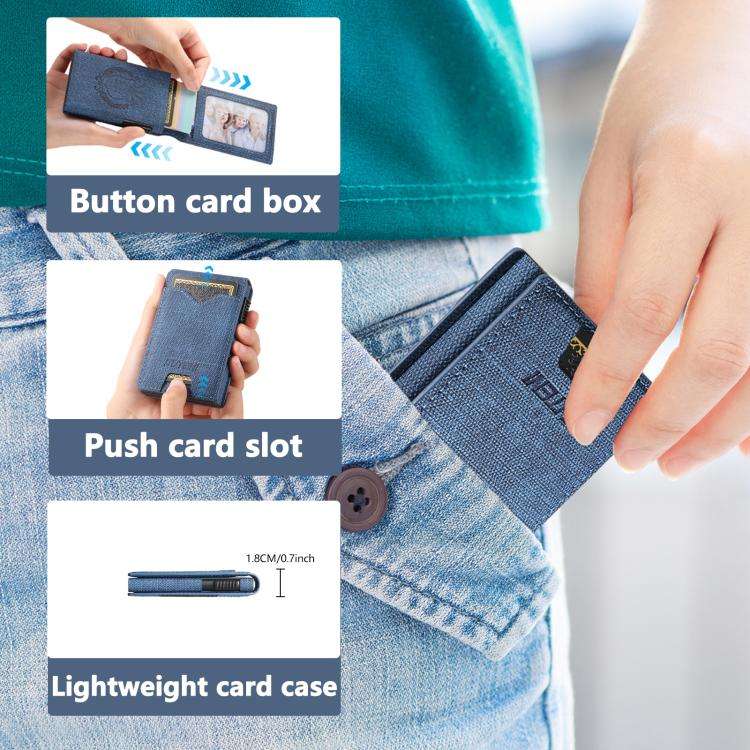 The Suteni denim pattern button automatically pops out the veneered printed card box(Blue)