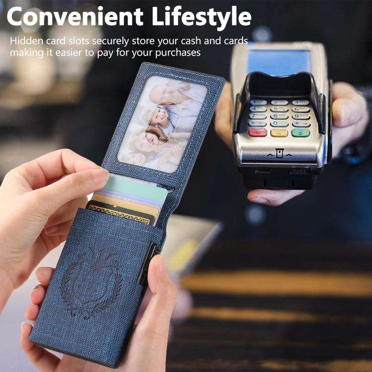 The Suteni denim pattern button automatically pops out the veneered printed card box(Blue)