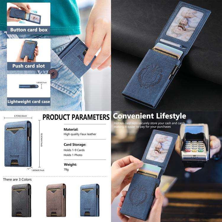 The Suteni denim pattern button automatically pops out the veneered printed card box(Black)