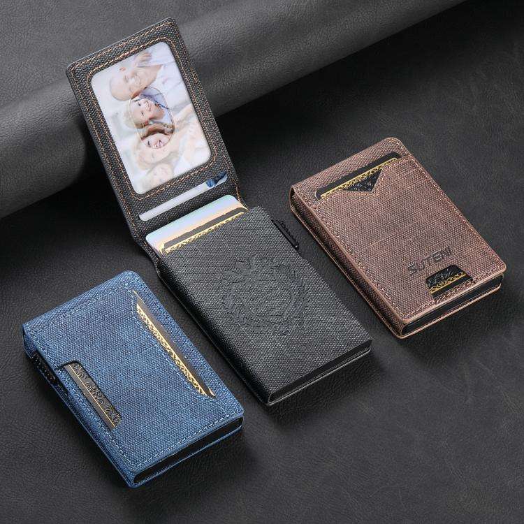 The Suteni denim pattern button automatically pops out the veneered printed card box(Brown)