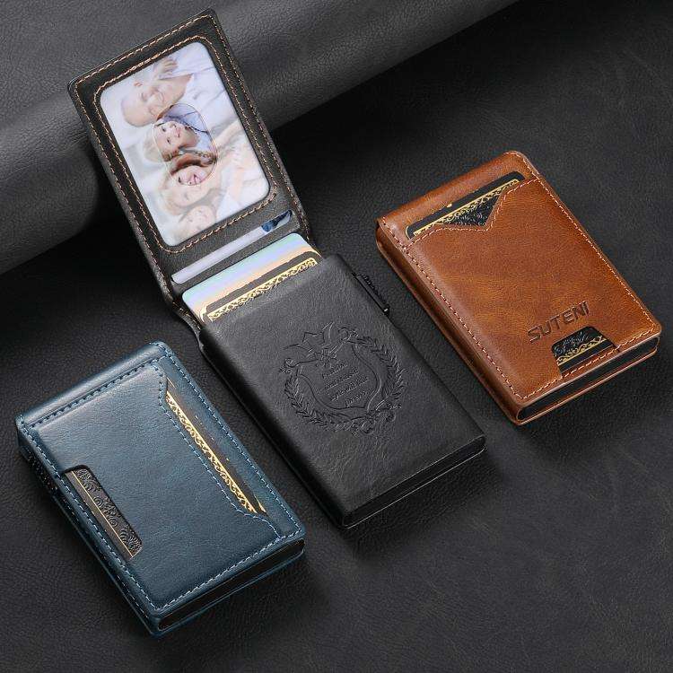 The Suteni oil wax pattern button automatically pops out the veneered printed card box(Brown)