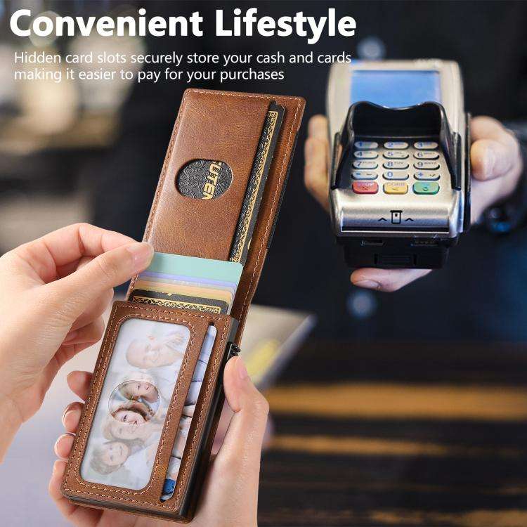 The Suteni oil wax pattern button automatically pops out the elastic band card box(Brown)