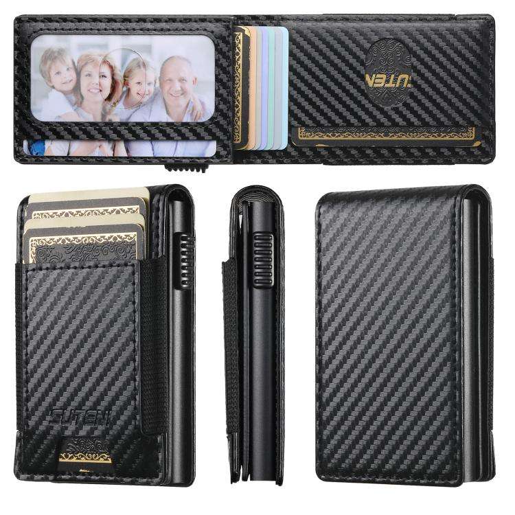 The Suteni carbon fiber pattern button automatically pops out the elastic band card box(Black)
