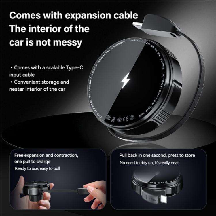 X02 With Retractable Cable 15W Car Air Vent Mount Magnetic Phone Holder Wireless Charger(Black)
