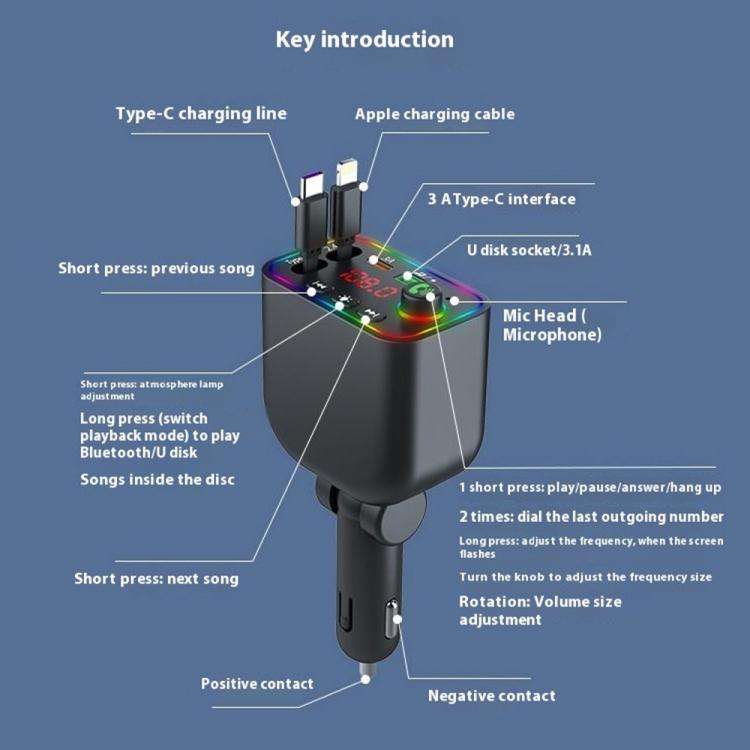 L4 Fast Charging Car Charger MP3 Player Retractable Cable FM Transmitter