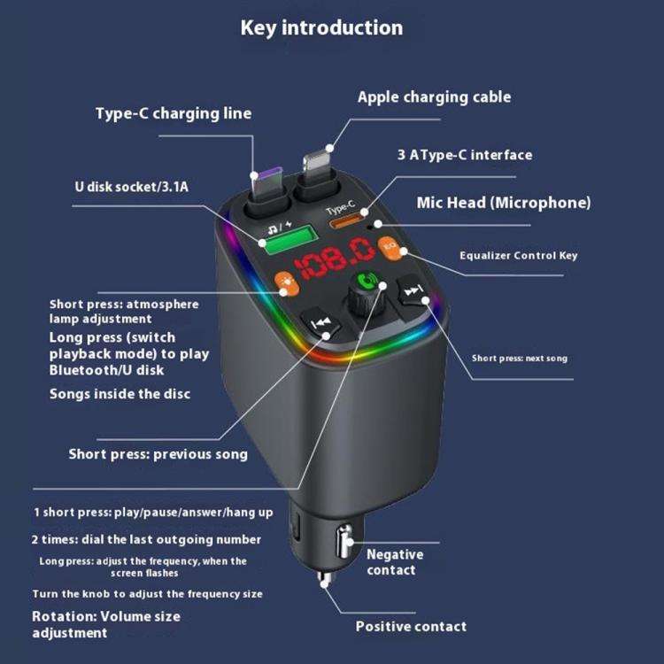 Y10 With Retractable Type C + iP Cable Car Charger FM Transmitter Bluetooth MP3 Player