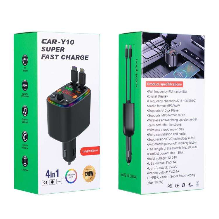 Y10 With Retractable Type C + iP Cable Car Charger FM Transmitter Bluetooth MP3 Player