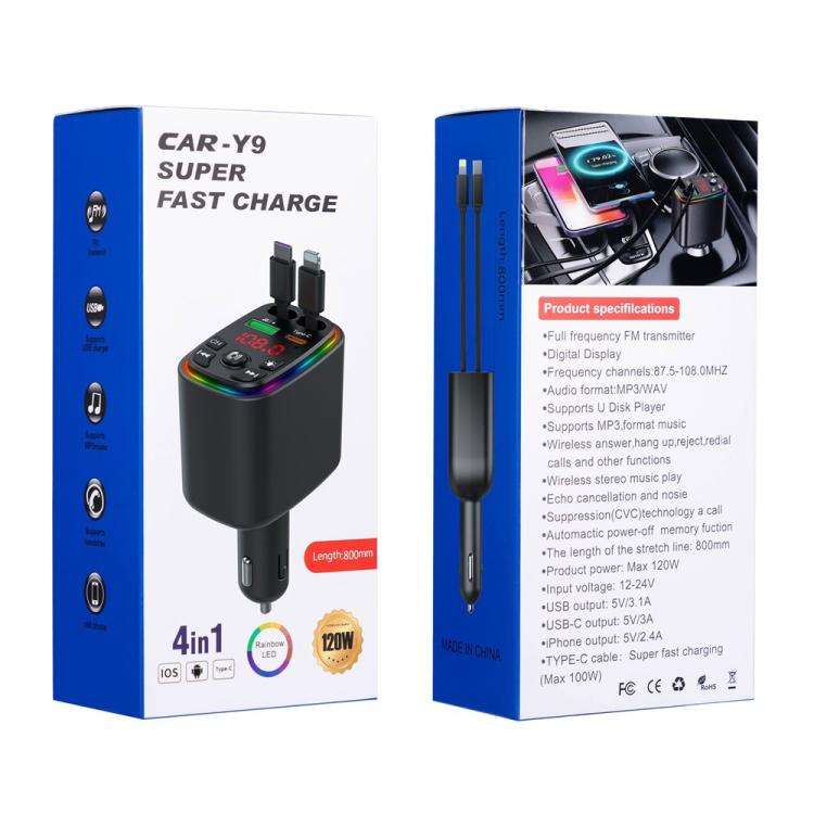 Y9 Retractable Cable Bluetooth FM Transmitter Voltage Display Car Charger MP3 Player