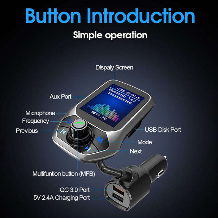 T43 Car Bluetooth Mp3 Multi-function Large Color Screen QC3.0 Bluetooth Car Charge Lossless Car B...