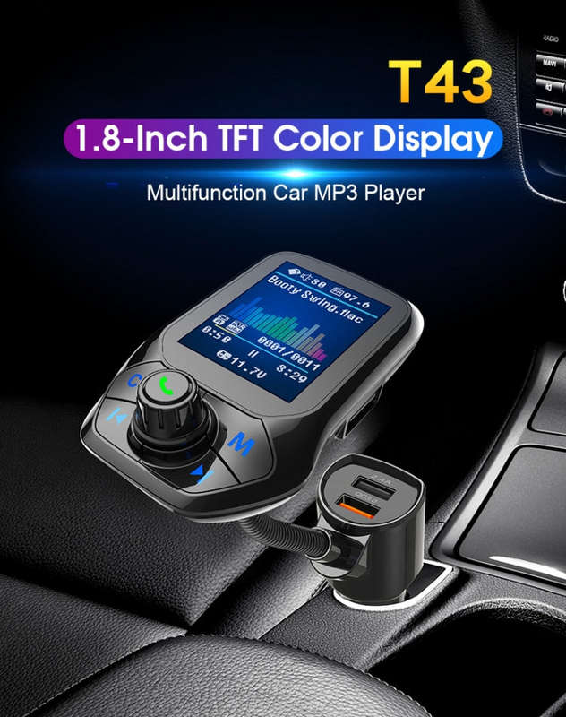 T43 Car Bluetooth Mp3 Multi-function Large Color Screen QC3.0 Bluetooth Car Charge Lossless Car B...