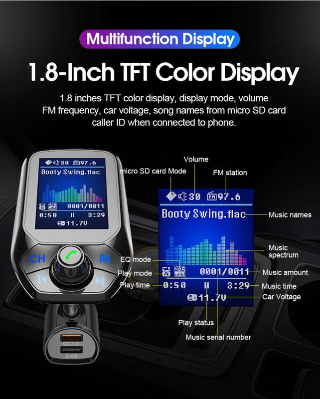 T43 Car Bluetooth Mp3 Multi-function Large Color Screen QC3.0 Bluetooth Car Charge Lossless Car B...