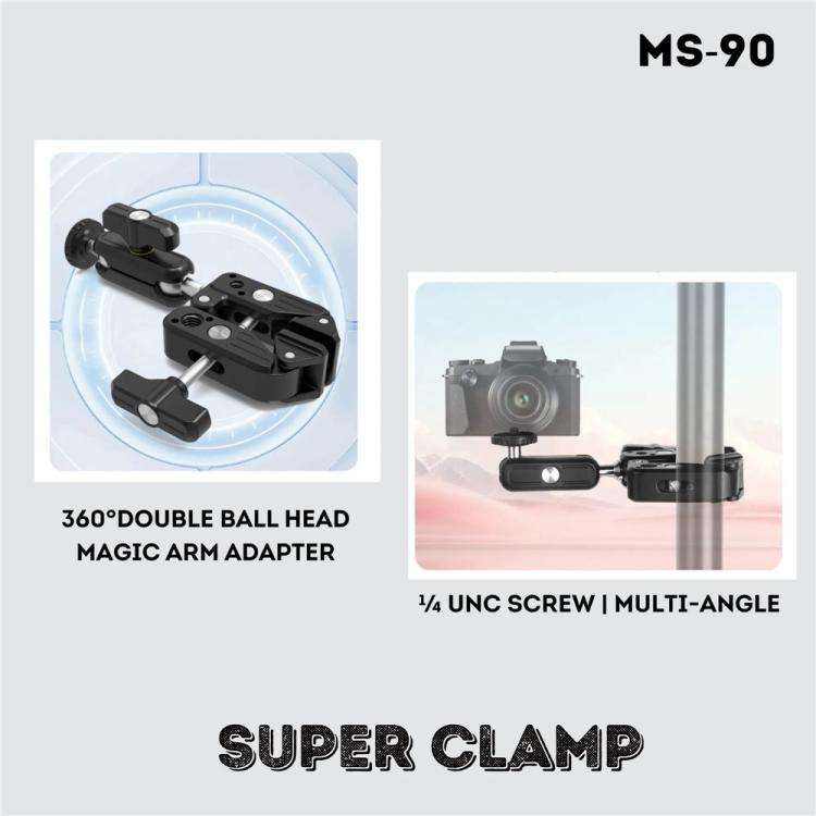 JMARY MS-90 For Action Cameras Super Clamp Mount Magic Arm Double Ball Head Adapter