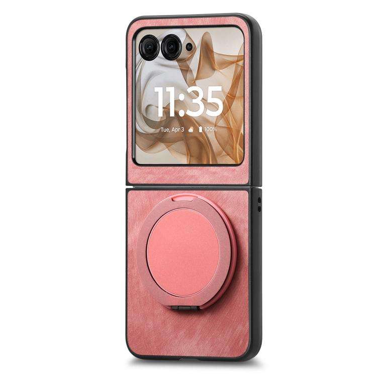 For Motorola Moto Razr 50 Retro Leather Rotation Round Holder Phone Case(Pink)