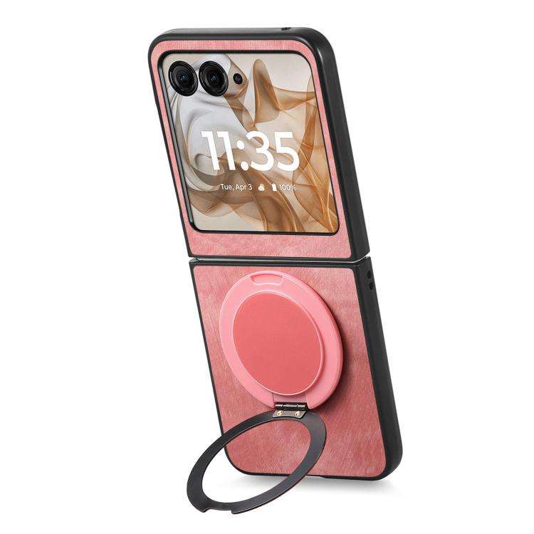 For Motorola Moto Razr 50 Retro Leather Rotation Round Holder Phone Case(Pink)