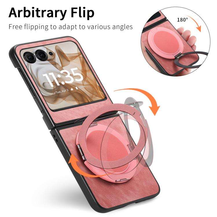 For Motorola Moto Razr 50 Retro Leather Rotation Round Holder Phone Case(Pink)